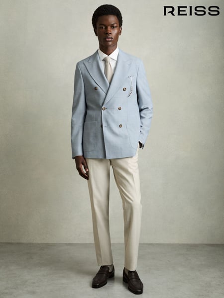 Reiss Soft Blue Belmont Db Double-Breasted Textured Suit Blazer With Wool Slim-Fit (AP8481) | € 543