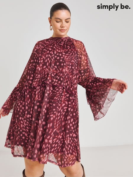 Simply Be Burgundy Printed Romantic Frill Mesh Smock Dress (AP9625) | € 33