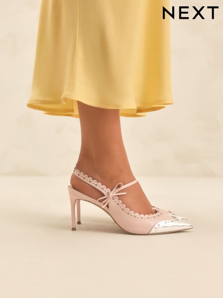 Light Pink Tabitha Simmons x Next Josephine Leather Point Toe Bow Brogue Detail Slingback Shoes (AR0662) | € 182