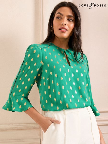 Love & Roses Green Foil 3/4 Flute Sleeve Blouse (AR1638) | € 61