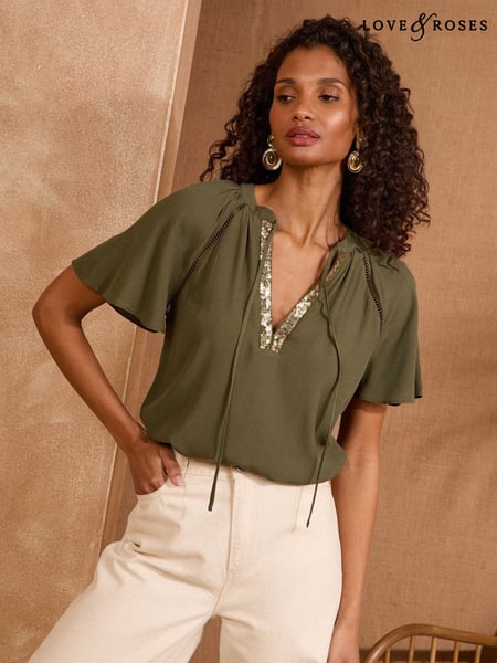 Love & Roses Khaki Green Petite Sequin V-Neck blouse (AR2138) | € 56