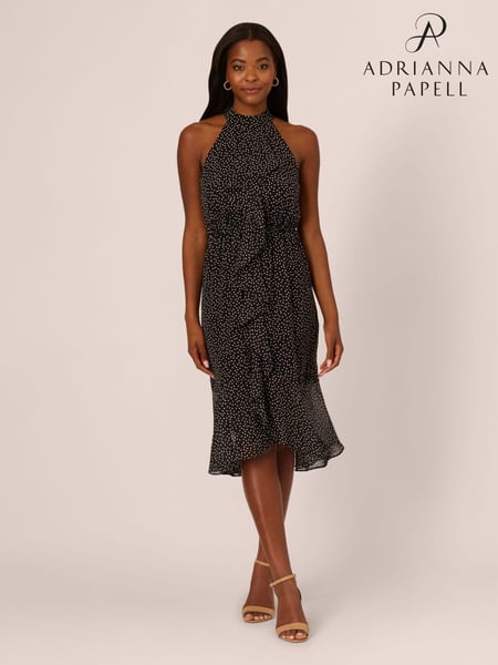 Adrianna Papell Shirred Dot Chiffon Black Midi Dress (AR2276) | € 124