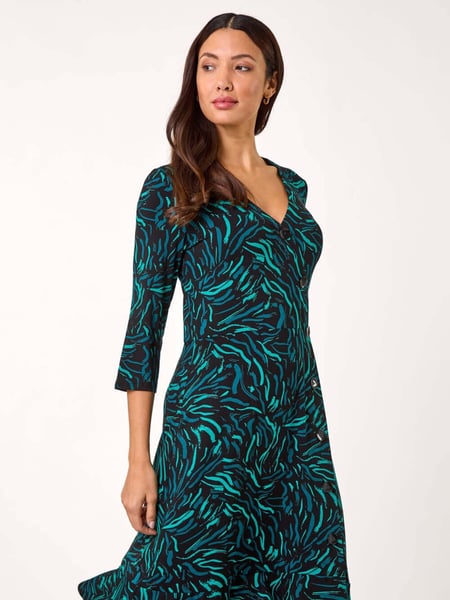 Roman Blue Wave Print Side Button Stretch Dress (AR3590) | € 75