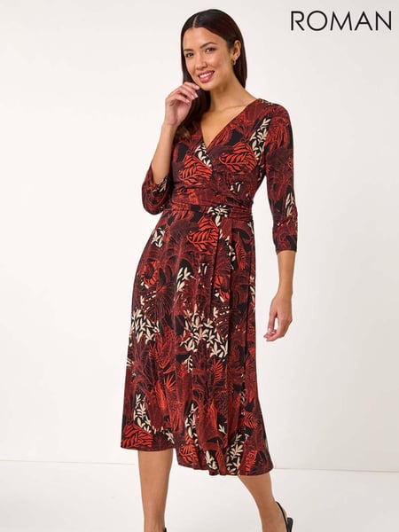 Roman Orange Leaf Print Wrap Midi Stretch Dress (AR3639) | € 86