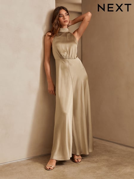 Champagne Gold Textured Satin Halter Sleeveless Midi Dress (AR4517) | € 80