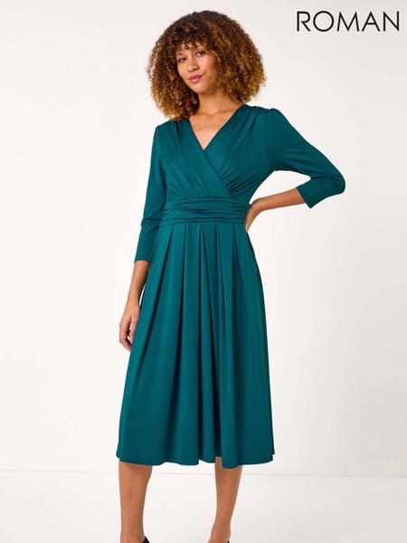 Roman Blue Mock Wrap V-Neck Stretch Midi Dress (AR4543) | € 78