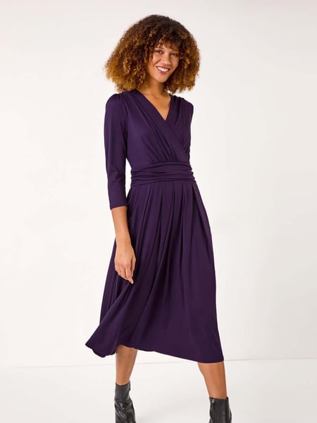 Roman Purple Mock Wrap V-Neck Stretch Midi Dress (AR4557) | € 78