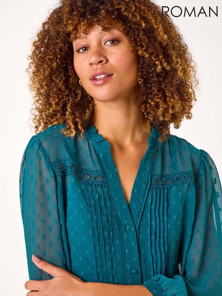 Roman Blue Dobby Lace Front Pleated Blouse (AR4560) | € 66