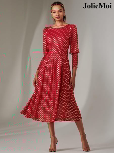 Jolie Moi Red Puff Sleeve Gold Spotty Midaxi Dress (AR4931) | € 117