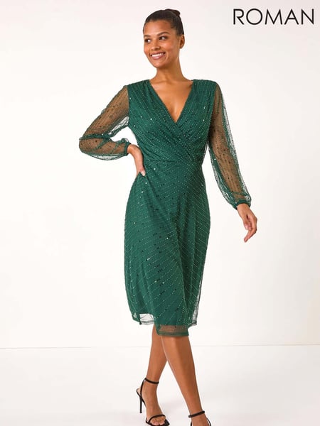 Roman Green Embellished V-Neck Wrap Dress (AR7743) | € 86