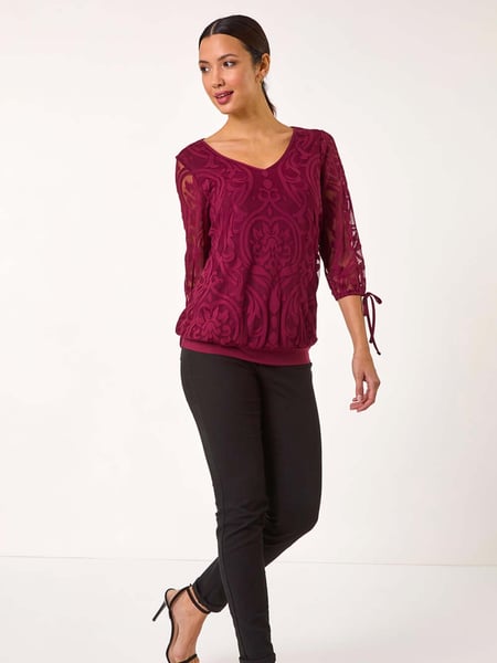 Roman Purple Burnout Print V-Neck Overlay Mesh Top (AR8803) | € 70