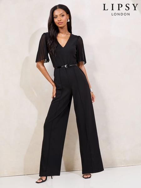 Lipsy Black Pleated Sleeve V-Neck Jumpsuit with Belt (AR9483) | € 101