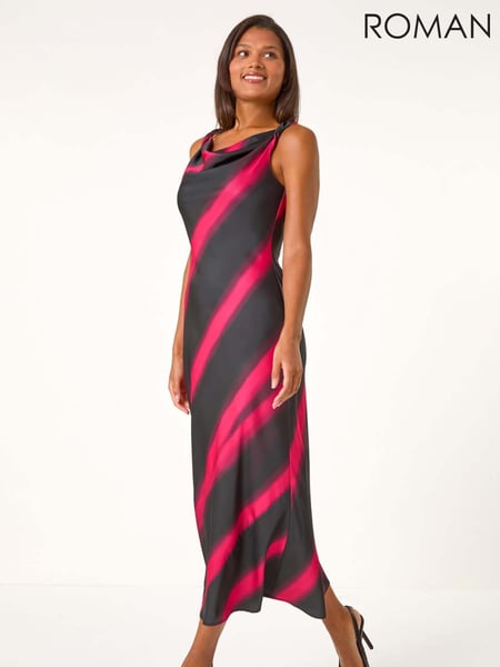 Roman Black Stripe Print Satin Twist Strap Midi Dress (AT0018) | € 101