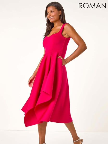 Roman Pink Asymmetric Flared Hem Midi Dress (AT0032) | € 109