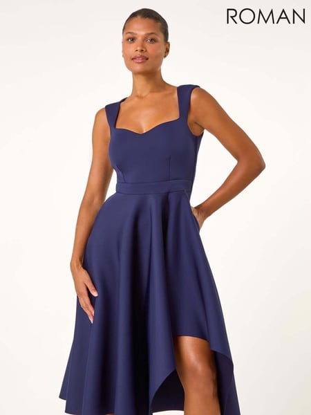 Roman Blue Asymmetric Flared Hem Midi Dress (AT0044) | € 109