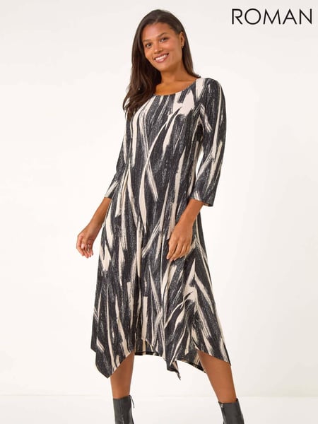 Roman Grey Ribbon Print Hanky Hem Midi Dress (AT0051) | € 78