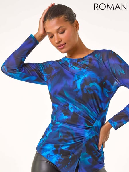 Roman Blue Blurred Print Ruched Stretch Mesh Top (AT0053) | € 55