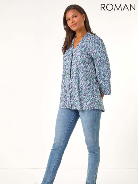 Roman Blue V-Neck Pleat Front Jersey Top (AT0069) | € 55