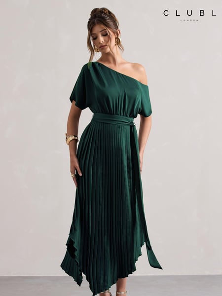 Club L London Green India Satin Asymmetric Plisse Maxi Dress (AT0628) | € 187