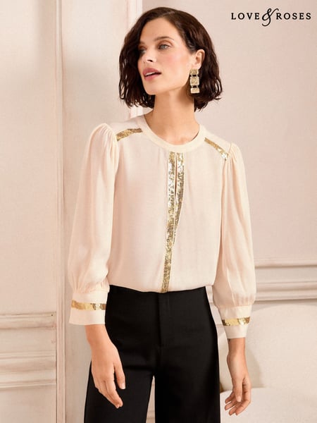 Love & Roses Ivory Petite Sequin Keyhole Crew Neck 3/4 Sleeve Blouse (AT0801) | € 59