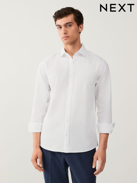White Regular Fit Washed Dobby Long Sleeve Smart Cutaway Collar 100% Cotton Shirt (AT1439) | € 52