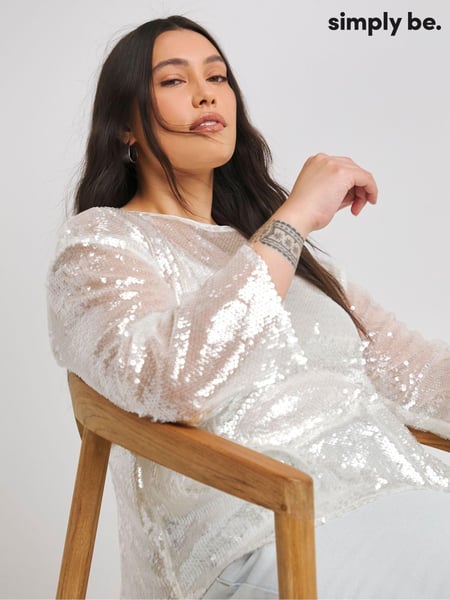 Simply Be White Fluted Sleeve Sequin Top (AT1674) | € 29