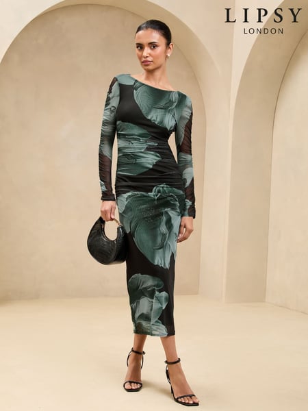 Lipsy Green Floral Petite Mesh Ruched Detail Midi Dress (AT2190) | € 48