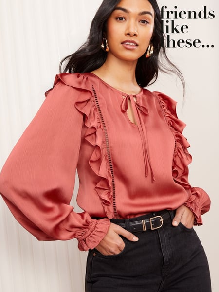 Friends Like These Pink Long Sleeve Ruffle Trim Tie Front Blouse (AT2573) | € 55