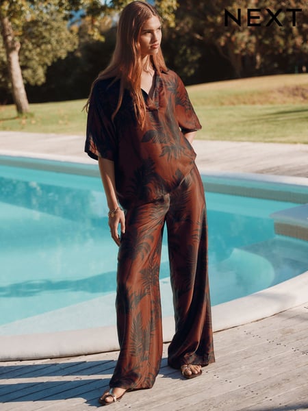 Brown Palm Print Wide Leg Satin Trousers (AT3079) | € 67