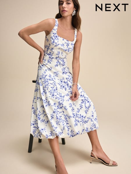 White/Blue Floral Square Neck Puff Hem Midi Dress (AT3196) | € 125