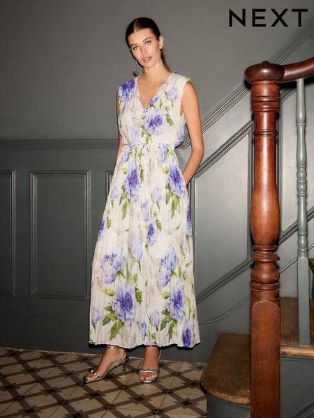 White Purple Blue Floral Shoulder Pad V Neck Tie Waist Plisse Midi Dress (AT3308) | € 98