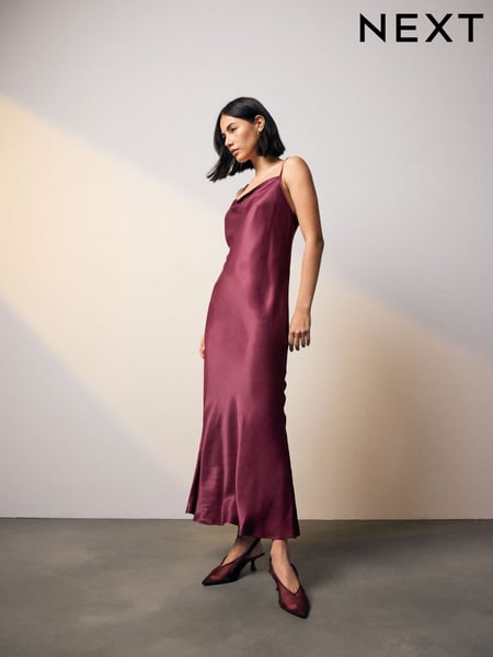 Burgundy Red Satin Cowl Neck Strappy Tie Back Midi Slip Dress (AT3310) | € 70