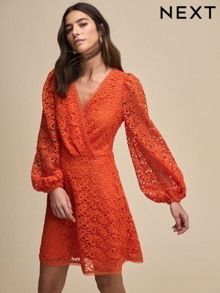Bright Orange Long Sleeve Lace A-Line Mini Dress (AT3311) | € 137