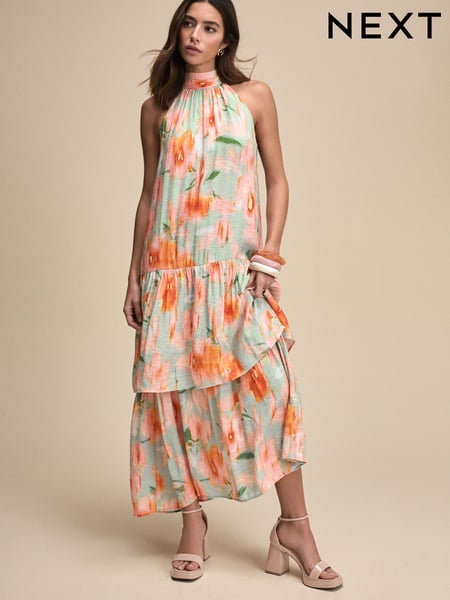 Light Blue And Orange Smudge Print Halter Tie Neck Layered Maxi Dress (AT3319) | € 167