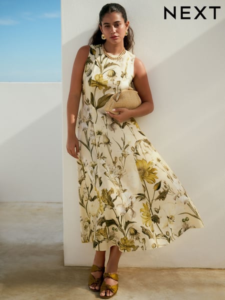 Pastel Yellow Floral Print Sleeveless Column A-Line Maxi Dress (AT3330) | € 76