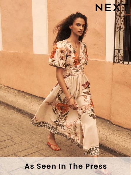 Ecru Cream Floral Puff Sleeve Button Down Occasion Maxi 100% Cotton Dress (AT3331) | € 114