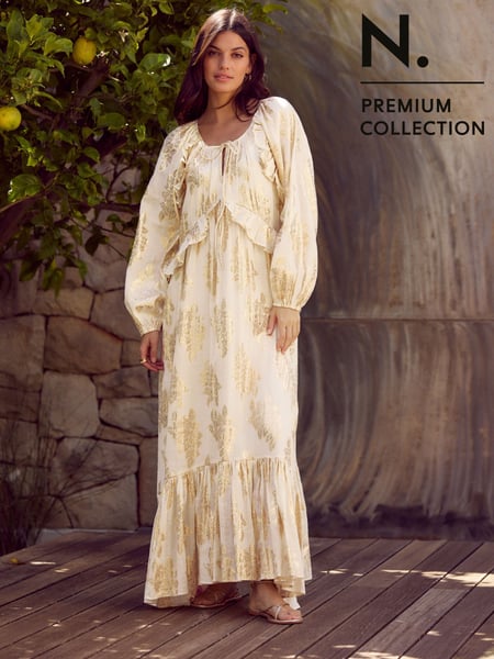 Gold N. Premium Long Sleeve Ruffle Tie Front Maxi Dress (AT3337) | € 131