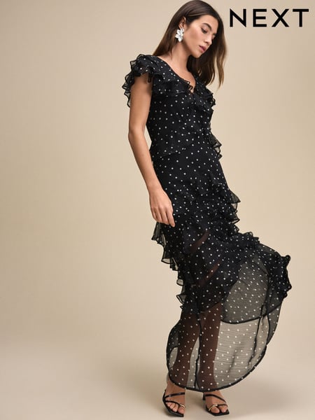 Black/White Polka Dot Short Sleeve Mesh Ruffle Maxi Dress (AT3357) | € 102