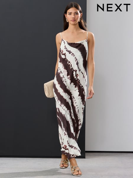 Cream/Brown Cow Print Satin Cowl Neck Strappy Tie Back Midi Slip Dress (AT3376) | € 76