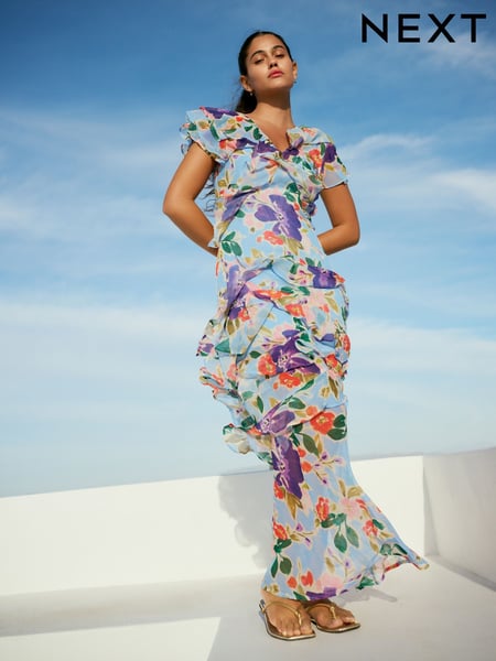 Blue Floral Short Sleeve Mesh Ruffle Maxi Dress (AT3406) | € 102