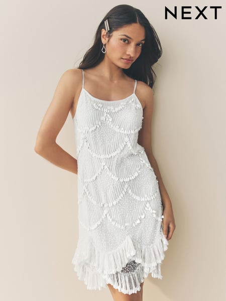 White Strappy Scalloped Sequin Mini Dress (AT3891) | € 116