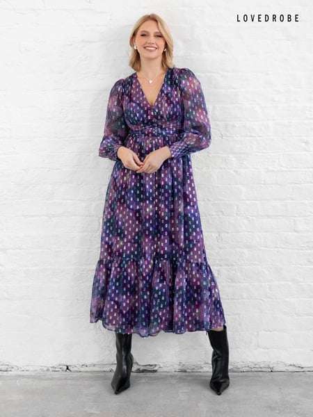 Lovedrobe Purple Button Front Midaxi Dress With Metallic Dobby (AT4641) | € 45