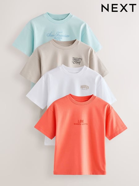 White/Blue/Coral/Cement Relaxed Fit 100% Cotton Short Sleeve Embroidered T-Shirts 4 Pack (3-16yrs) (AT5360) | € 28 - € 37