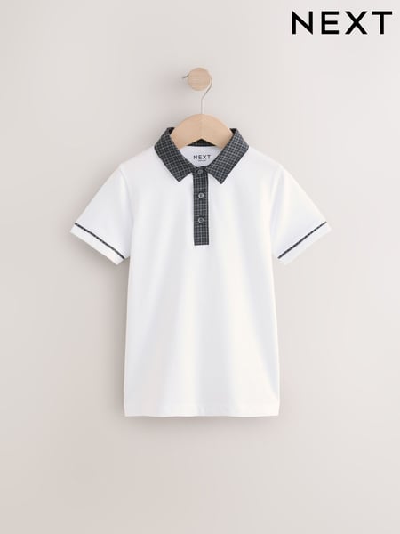 White/Black 100% Cotton Check Collar Short Sleeve Polo Shirt (3-16yrs) (AT5477) | € 17 - € 24