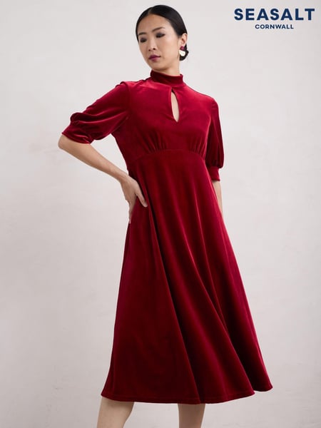 Seasalt Cornwall Red Four Lanes Velvet Empire Line Midi Dress (AT5778) | € 58