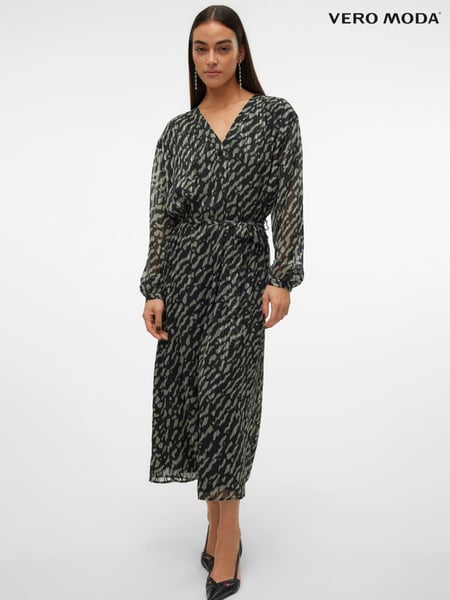 VERO MODA Green Chiffon Belted Animal Midi Dress (AT6620) | € 40
