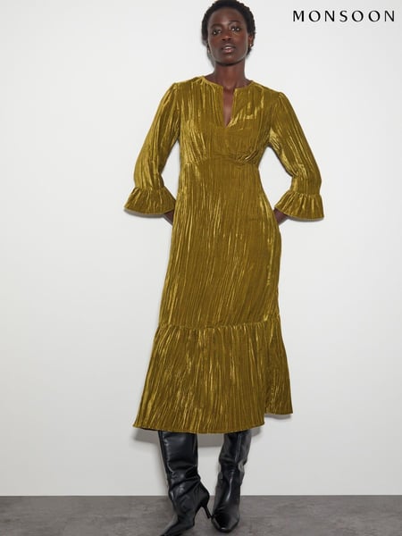 Monsoon Green Mabel V-Front Crushed Velvet Midi Dress (AT6967) | € 70