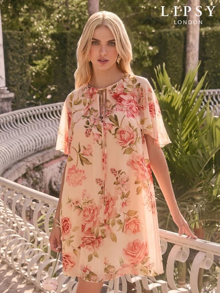 Lipsy Pink Floral Print Flutter Sleeve Mini Shift Dress (AT7241) | € 92