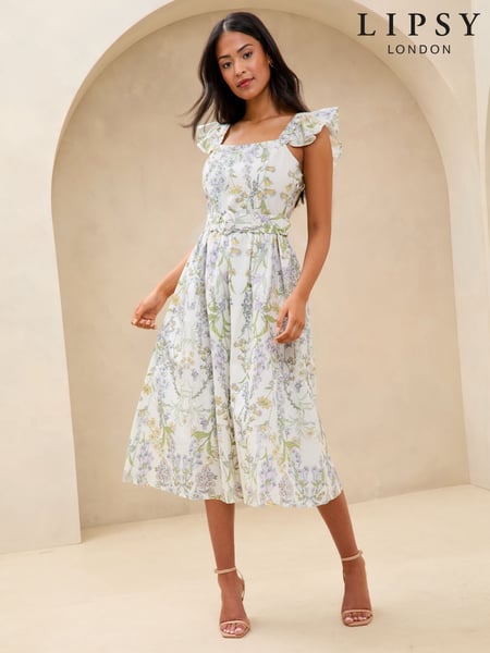 Lipsy White Floral Petite Linen Look Frill Sleeve Belted Prom Fit And Flare Midi Dress (AT7248) | € 97