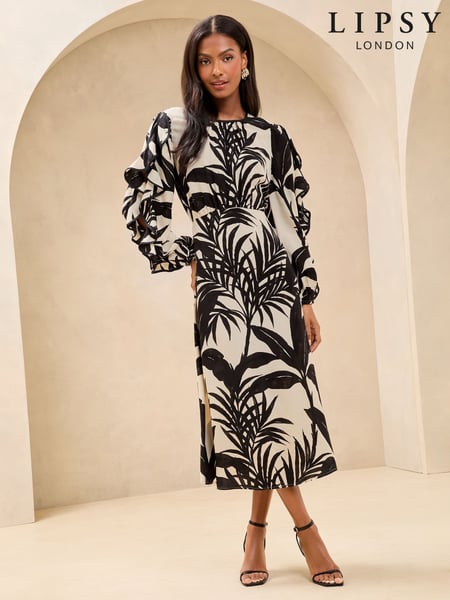 Lipsy Monochrome Palm Print Long Sleeve Ruffle Midi Dress (AT7250) | € 90